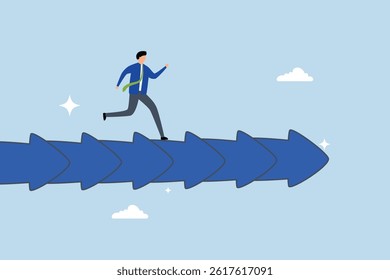 Consistency to growth, businessman walk slowly on steady consistence arrow.