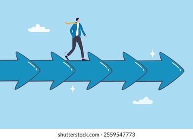 Consistency to growth, reliability or stability to progress in career development, balance or steady step, continuity growing, certainty concept, businessman walk slowly on steady consistence arrow.