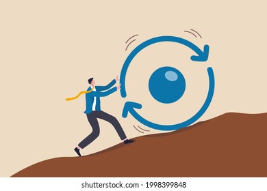 Consistency key to success, business strategy to repeatedly deliver work done, personal development or career growth concept, businessman pushing consistency circle symbol up hill with full effort. - Shutterstock ID 1998399848