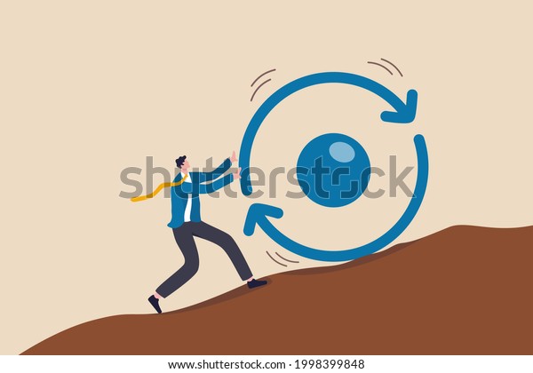 Consistency key to success, business strategy to\
repeatedly deliver work done, personal development or career growth\
concept, businessman pushing consistency circle symbol up hill with\
full effort.