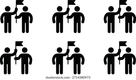 Uma grade consistente de ícones de figuras de vara preta, cada um com duas figuras segurando uma pequena bandeira, simbolizando liderança ou trabalho em equipe.
