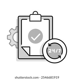 Symbol für konsistente Ergebnisse - Zwischenablage mit Häkchen und Uhr, die Zuverlässigkeit, Qualität und 24,7-fache Leistung repräsentiert.