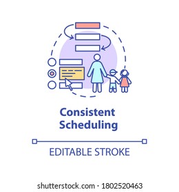Consistent Scheduling Concept Icon. Baby Care Centers And Teachers. Kindergarten Caretaker And Guidance Idea Thin Line Illustration. Vector Isolated Outline RGB Color Drawing. Editable Stroke