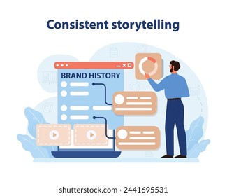 Consistent Storytelling Illustration. A narrative chart showcasing a brand's history and evolution, reflecting consistent storytelling in branding. Flat vector illustration.