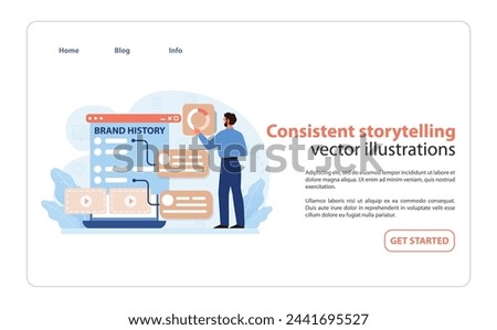 Consistent Storytelling Illustration. A narrative chart showcasing a brand's history and evolution, reflecting consistent storytelling in branding. Flat vector illustration.