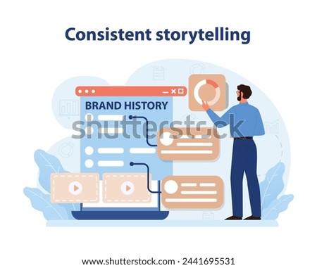 Consistent Storytelling Illustration. A narrative chart showcasing a brand's history and evolution, reflecting consistent storytelling in branding. Flat vector illustration.