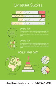 Consistent success analysis with colorful horizontal bar graph and round pie chart. Vector illustration with statistical review on green background