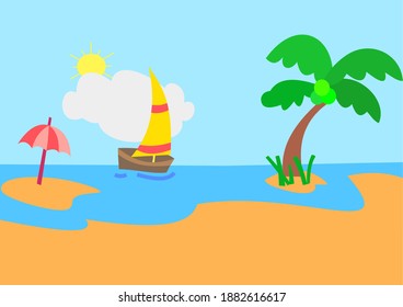 bestehend aus Sand, Kokospalmen, blauem Meer, Sonne und Segelschiffen