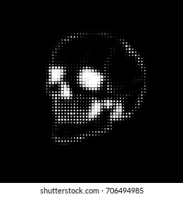 Consisting of squares skull on a black background. Dark style illustration. It can be used for printing on t-shirts, postcards, or used as ideas for tattoos. Pixel Skull.