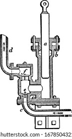 Consta de un pistón sólido, un tubo lateral con una válvula, a través del cual el agua es forzada a cualquier altura requerida, o contra cualquier presión que pueda oponerse a él, dibujo vintage de la línea o ilustración de grabado.