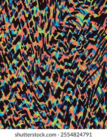 consists of zigzag and wavy lines in orange, blue, yellow and green, scattered and irregularly placed on a black background