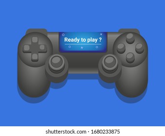 Consol Gamepad with screen with text "ready to play ?". illustration vector isolated in blue background