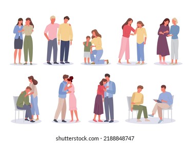 consolation. moral support for people with psychology problem friendly moral reassurance. Vector parenthood concept pictures