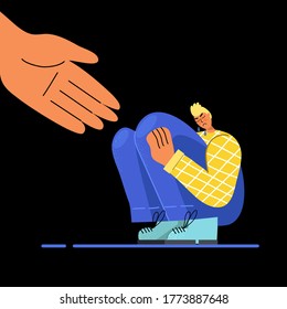 Consolation of a sad guy, holding out his helping hand. The concept of empathy. Vector stock illustration. Flat design. Isolated on a black background.
