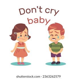 Consolation of weeping boy and girl. Crying and tantrum expression. Little sad children, tears on face. Negative kids emotion. Frustration and sadness cartoon flat isolated vector concept