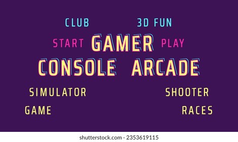 Console arcade word collage. Gamer word. Vector decorative typography. Decorative typeset style. Latin script for headers. Trendy message for graphic posters, banners, invitations texts