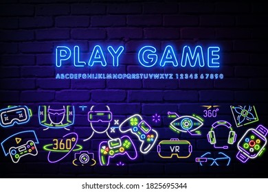 Console community neon banner in style. Game icons, Gamepad on a brick background. Video games, game club, leisure. Can be used for advertising, street wall signage, web design