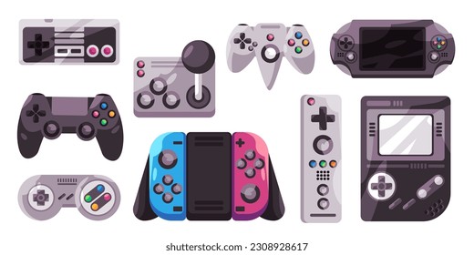 Console game controller set collection illustration switch and remote control technology electronic playing video games