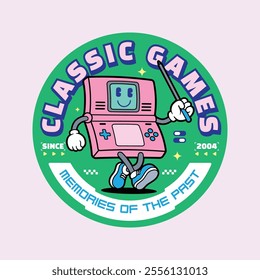 Console game design, retro style design with cute character illustration. Flat Cartoon Style Suitable for Promotion, Flyer, Sticker, Background.