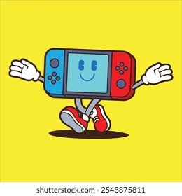 Console game mascot illustration, retro illustration with cute pose. Flat Cartoon Style Suitable for Landing Page, Banner, Flyer, Sticker, Card, Background.