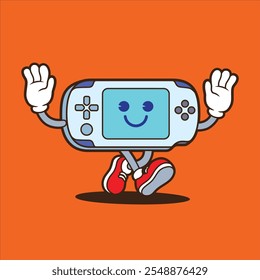 Console game mascot illustration, retro illustration with cute pose. Flat Cartoon Style Suitable for Landing Page, Banner, Flyer, Sticker, Card, Background.
