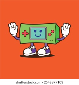 Console game mascot illustration, retro illustration with cute pose. Flat Cartoon Style Suitable for Landing Page, Banner, Flyer, Sticker, Card, Background.