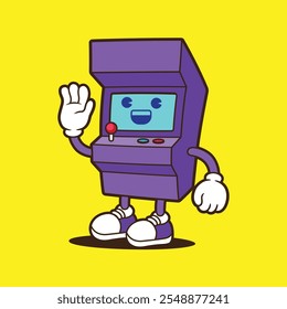 Console game mascot illustration, retro illustration with cute pose. Flat Cartoon Style Suitable for Landing Page, Banner, Flyer, Sticker, Card, Background.
