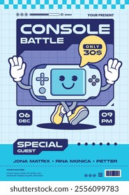 Console game mascot poster, retro style poster with cute character pose. Flat Cartoon Style Suitable for Promotion, Flyer, Sticker, Background.