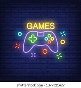 Console with Games lettering. Neon sign on brick background. Videogame, online game, hobby. Game concept. For topics like entertainment, leisure, nightlife