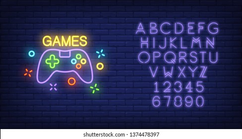 Console with Games lettering. Neon sign on brick background. Videogame, online game, hobby. Game concept. For topics like entertainment, leisure, nightlife