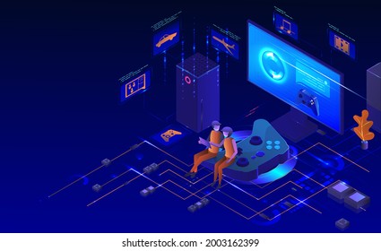 Console gaming set, vector isometric illustration. Gamer characters, desktop computer monitor, game controller. Play station gamer accessories.