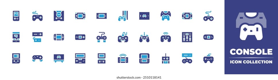 Console icon collection. Duotone color. Vector illustration. Containing esports, gameconsole, console, videoconsole, controller, gamepad, tetris, mixer, joystick.