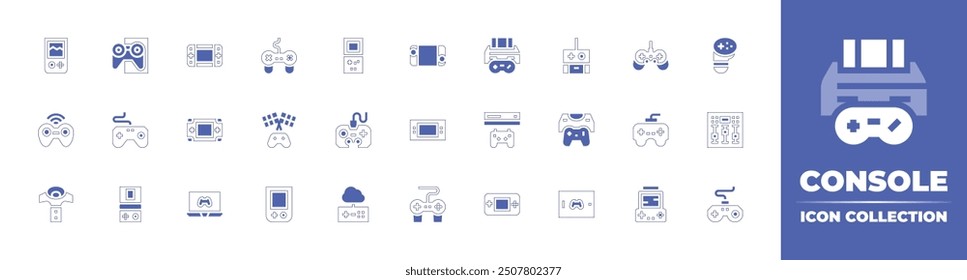 Colección de icono de consola. Estilo duotono trazo de línea y negrita. Ilustración vectorial. Contiene videoconsola, consola, consola portátil, consola de juegos, controlador, eSports, gamepad, juego de carreras.