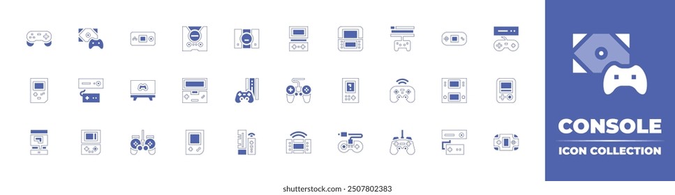 Console icon collection. Duotone style line stroke and bold. Vector illustration. Containing esports, gameconsole, videoconsole, console, gamepad, control, handheld, tetris, joystick.