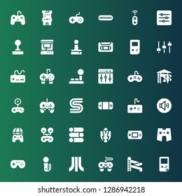 console icon set. Collection of 36 filled console icons included Gameboy, Slider, Gamepad, Atari, Joystick, Fighting game, Volume adjustment, Sega, Gameplay, Levels, Gamepads