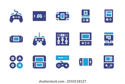 Console icon set. Duotone color. Vector illustration. Containing console, videoconsole, portableconsole, gameconsole, tetris, gamepad, mixer, esports.