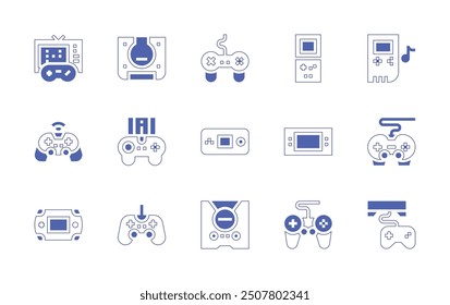 Console icon set. Duotone style line stroke and bold. Vector illustration. Containing gameconsole, videoconsole, console, gamepad, joystick, bit, videogame.