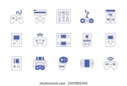 Console icon set. Duotone style line stroke and bold. Vector illustration. Containing videoconsole, gameconsole, console, controller, videogame, tetris, controllerpad, mixer.