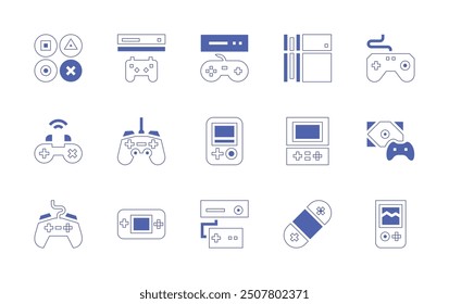 Console icon set. Duotone style line stroke and bold. Vector illustration. Containing console, videoconsole, gameconsole, gamingconsole, videogame, gamepad.