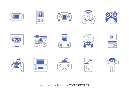 Conjunto de iconos de consola. Estilo duotono trazo de línea y negrita. Ilustración vectorial. Contiene consola, videoconsola, consola portátil, videoconsola, televisión, gamepad, videojuego.