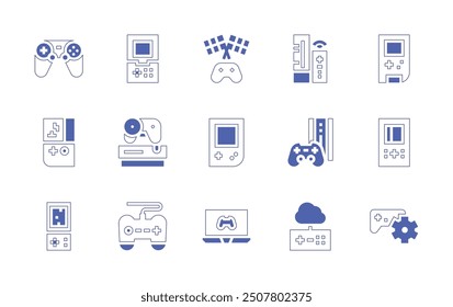 Console icon set. Duotone style line stroke and bold. Vector illustration. Containing console, handheldconsole, gameconsole, handheld, gamepad, esports, videogame, racinggame.