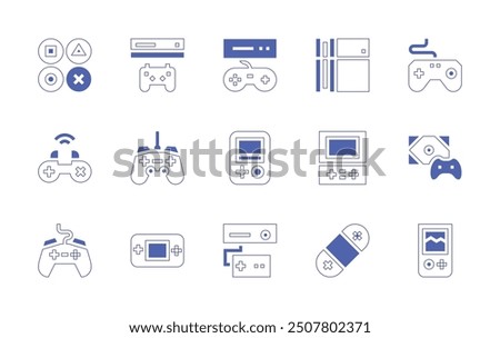Console icon set. Duotone style line stroke and bold. Vector illustration. Containing console, videoconsole, gameconsole, gamingconsole, videogame, gamepad.