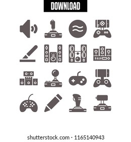 console icon. This set with gamepad, sound system, high volume and joystick vector icons for mobile and web