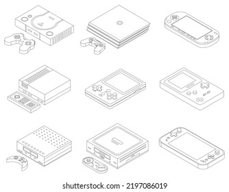 Conjunto de iconos de consola. Conjunto isométrico de iconos vectoriales de consola delinear la línea delgada aislada en blanco