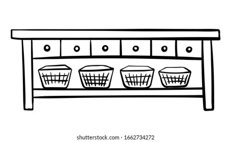 Tabla de consola con cajones y cestas/ Muebles de época/ Elementos de diseño interior/ Dibujo de dibujo a mano aislado en fondo blanco