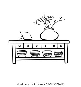 Console table with drawers, photoframe, vase and baskets/ Vintage furniture/ Interior design elements/ Hand drawn sketch illustration isolated on white background