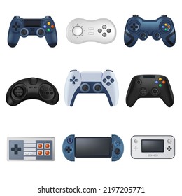 Console types and realistic joysticks with screens and buttons for controlling video game and playing on personal computer or mobile telephone. Entertainment and fun leisure. Vector in flat style