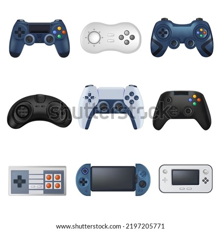 Console types and realistic joysticks with screens and buttons for controlling video game and playing on personal computer or mobile telephone. Entertainment and fun leisure. Vector in flat style