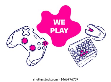 Consoles and pc games, female game concept competitive - we play. Line concept art with izolated back in pink color.