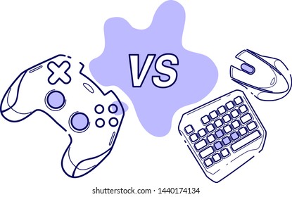 Consoles vs pc, game concept competitive. Line concept art with izolated back